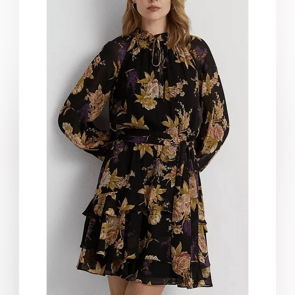 Lauren Ralph Lauren Black Floral Tie-Neck Long Sleeve Tiered Chiffon Dress S 14